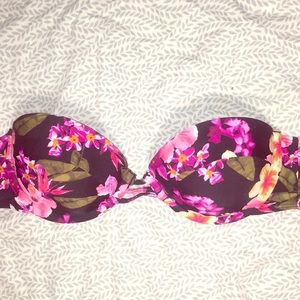 Strapless Black and Pink Floral Bikini Top